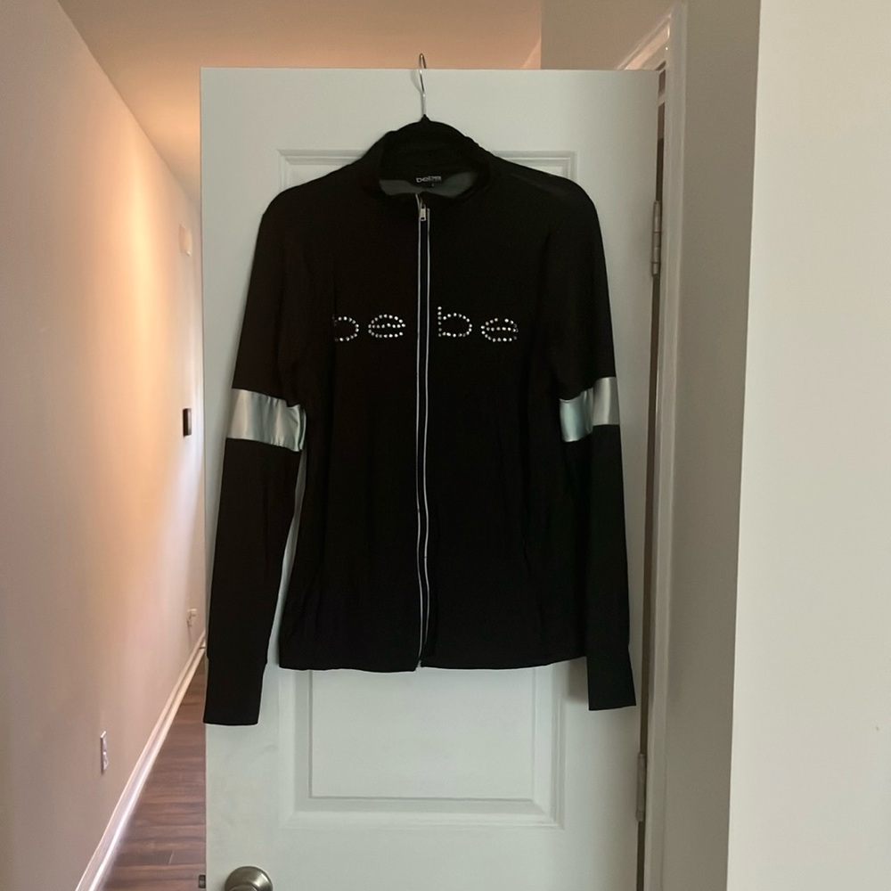 Bebe Black and Silver Bomber Jacket size L (one brine stone missing)